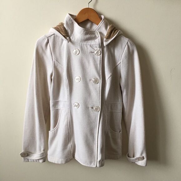 Women's GUESS Jacket Small Tan Beige Hooded Coat Fall Preppy Minimal 2013 Unique - Picture 2 of 7